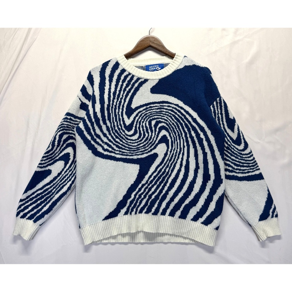 Aelfric‎ Eden Whirlpool Knit Sweater Unisex M Blue White Hypnotic Swirl Viscose